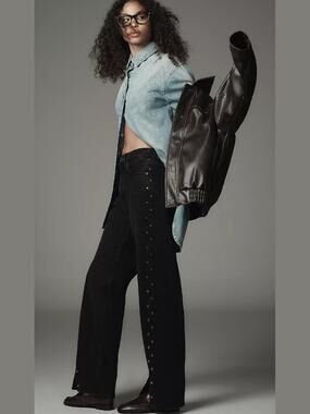 New Reformation Cary High-Rise Wide-Leg Black Studded Jeans - 29 waist